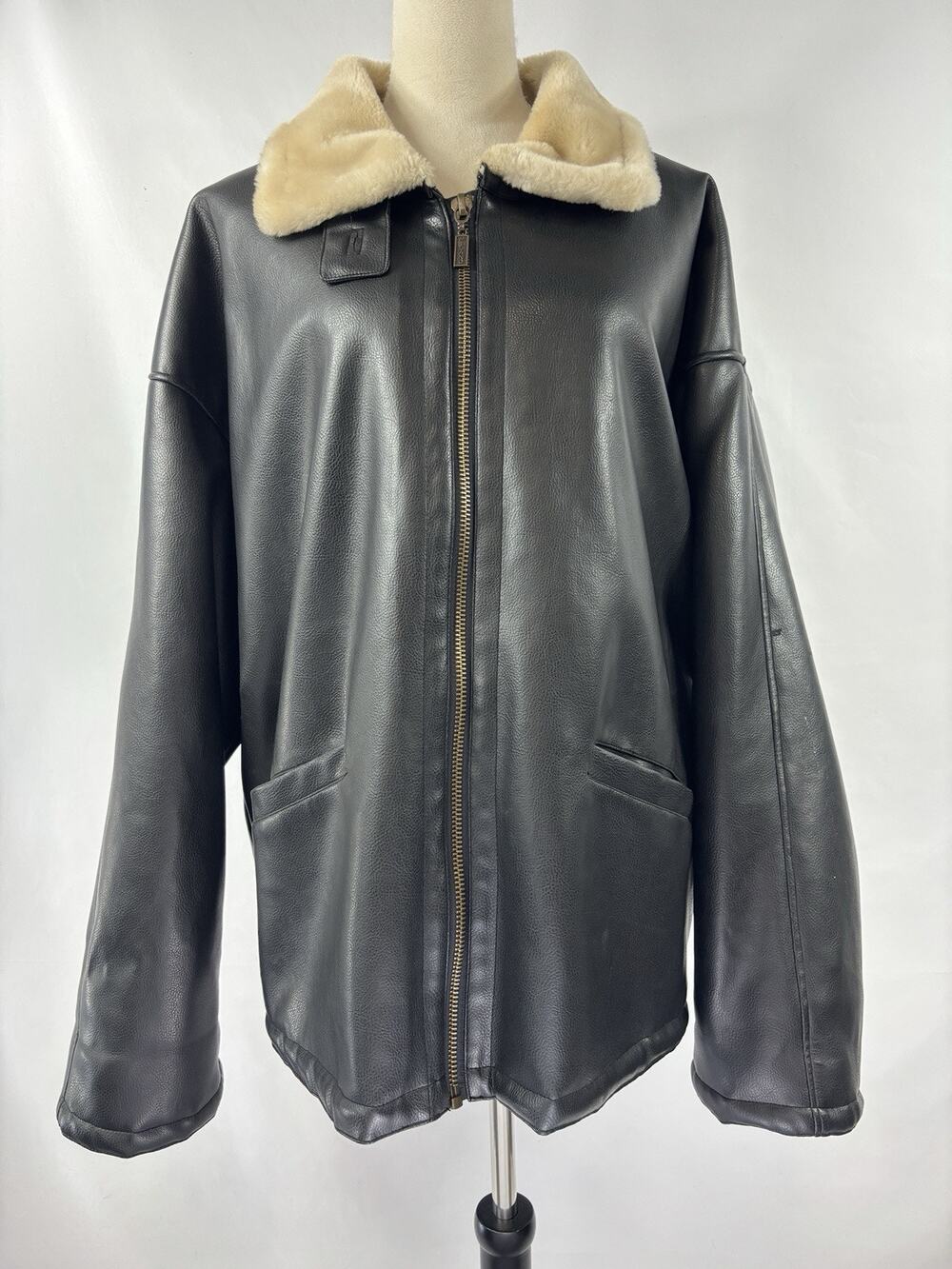 Miletta Faux Leather Coat Jacket Black XL Faux Fur Lining Zip Front Pockets Mens